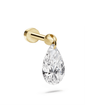 Floating Pear Diamond Charm Threaded Stud Earring Yellow Gold 7mm