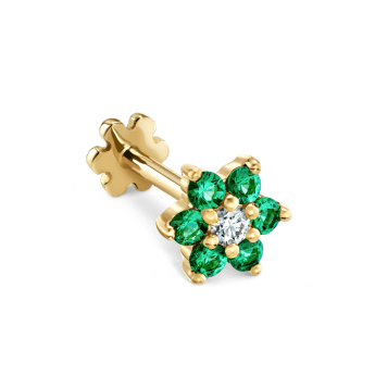 Emerald and Diamond Flower Threaded Stud Earring Yellow Gold 5.5mm