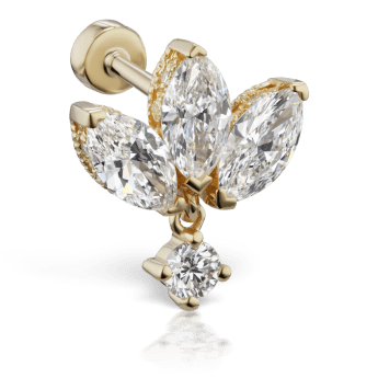 Diamond Engraved Lotus with Dangle Threaded Stud Earring Yellow Gold 6mm