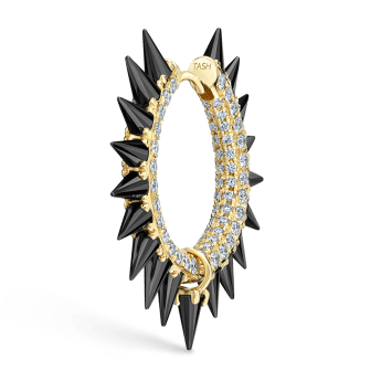 Black Moissanite Mohawk and Diamond Pavé Hoop Earring Yellow Gold 12.5mm