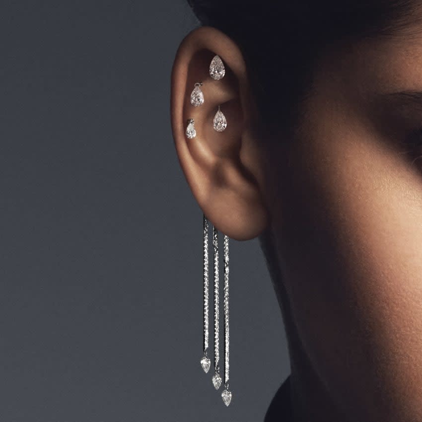 Triple Diamond Eternity Bar Conch Charm & Pear Diamond Dangles White Gold Right