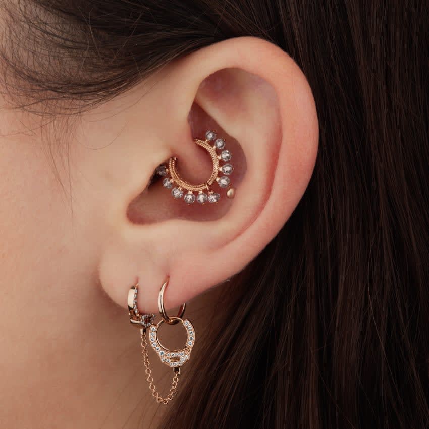 Double sided Diamond Handcuff with Medium Chain Hoop Earring White Gold 8mm