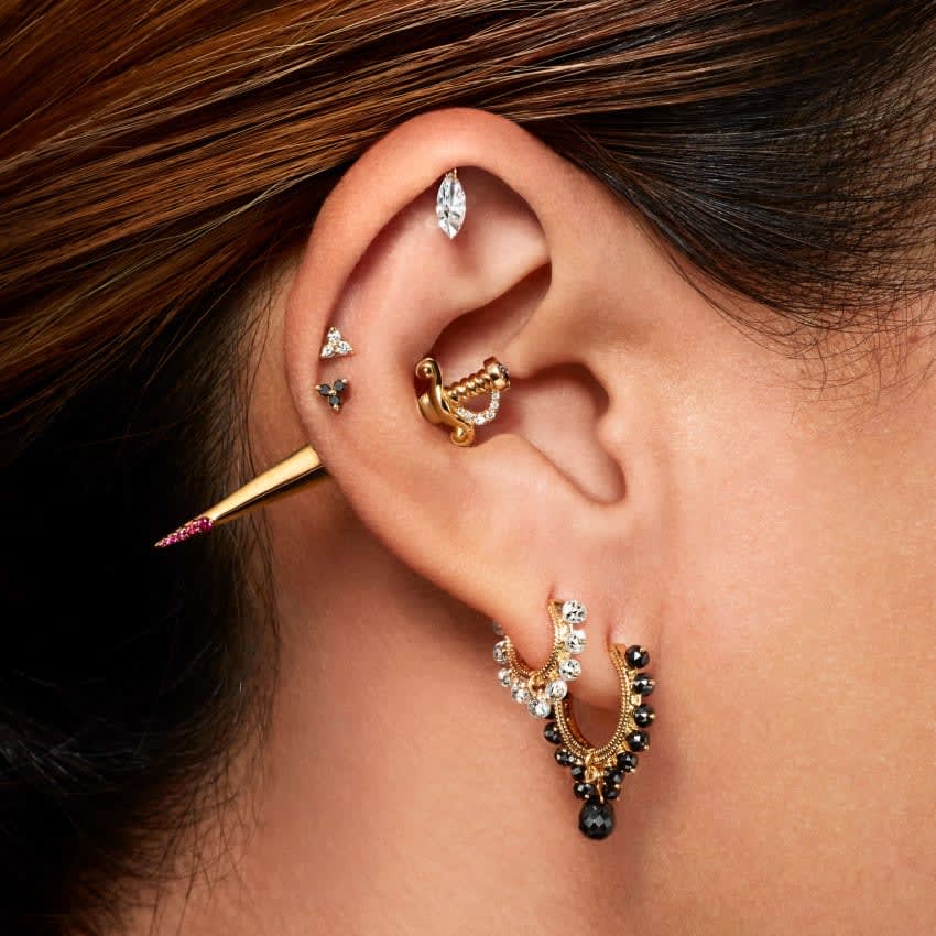 Black Diamond Coronet with Briolette Hoop Earring White Gold 9.5mm