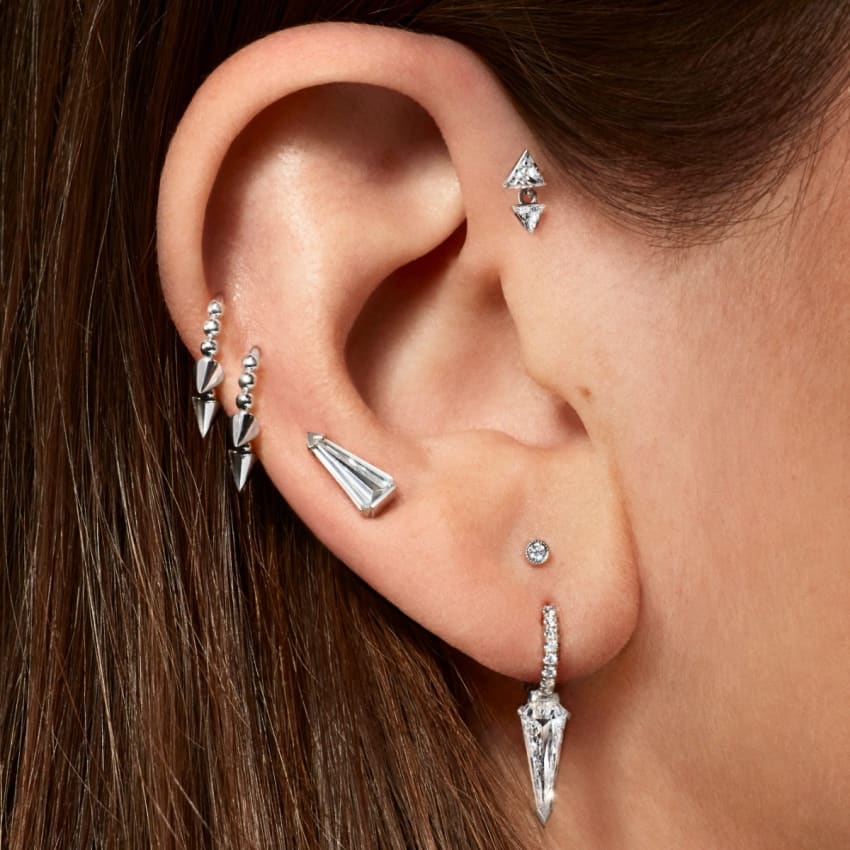 Triple Short Spike Granulated Hoop Earring White Gold 8mm
