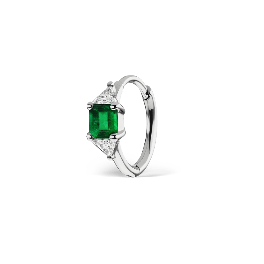 3mm Emerald and Diamond Princess Triangle Hoop (Non Rotating) White Gold 6.5mm