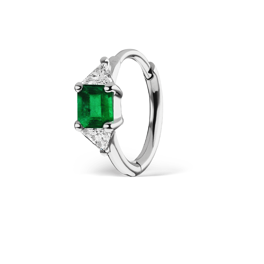 3mm Emerald and Diamond Princess Triangle Hoop (Non Rotating) White Gold 8mm