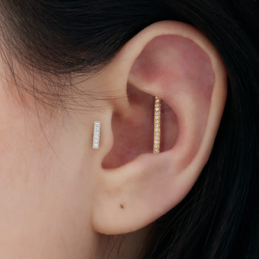 Square Diamond Pavé Bar Threaded Stud Earring Rose Gold 18mm