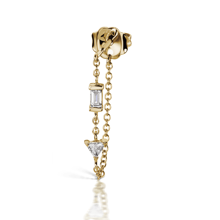 Baguette and Triangle Diamond Chain Wrap Stud Earring Yellow Gold