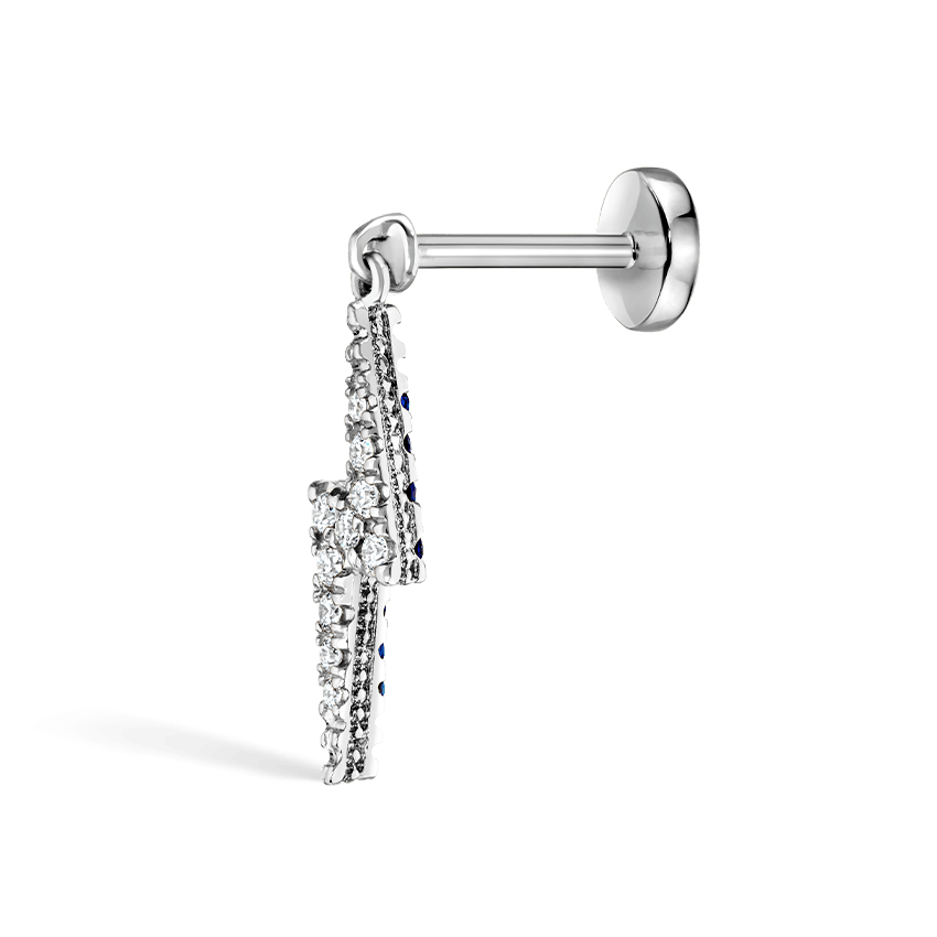 Diamond and Sapphire Lightning Bolt Threaded Charm Earring White Gold