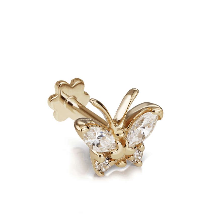 Diamond Marquise Butterfly Threaded Stud Earring Yellow Gold