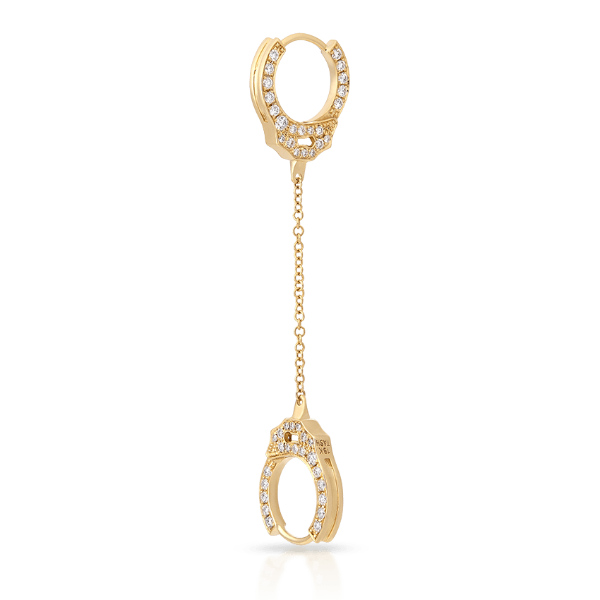 Double sided Diamond Handcuff with Medium Chain Hoop Earring Yellow Gold 8mm