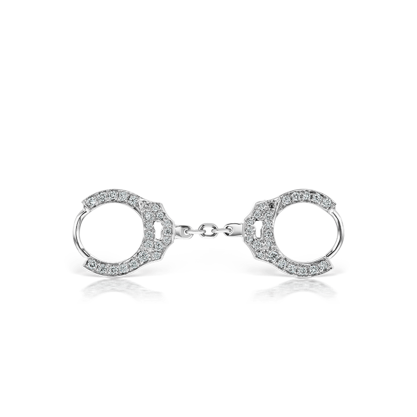 Double sided Diamond Handcuff Hoop Earring with Short Chain White Gold 6.5mm