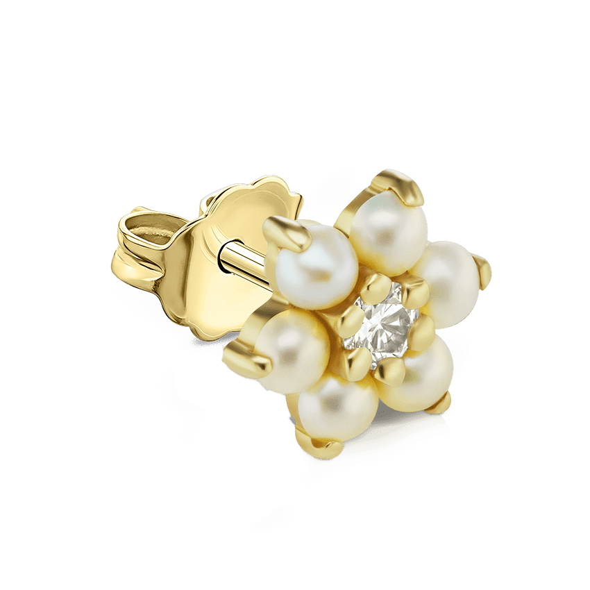 Pearl and Diamond Flower Stud Earring Yellow Gold 7mm