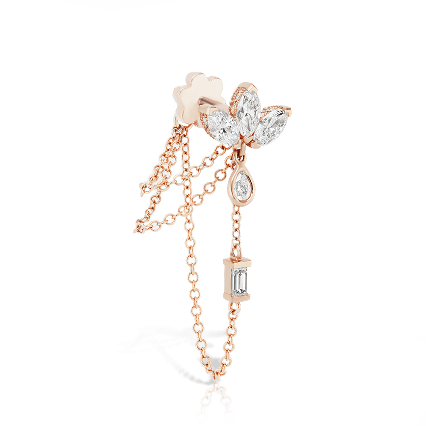 Diamond Lotus Three Chain Wrap Threaded Stud Earring Rose Gold 6mm