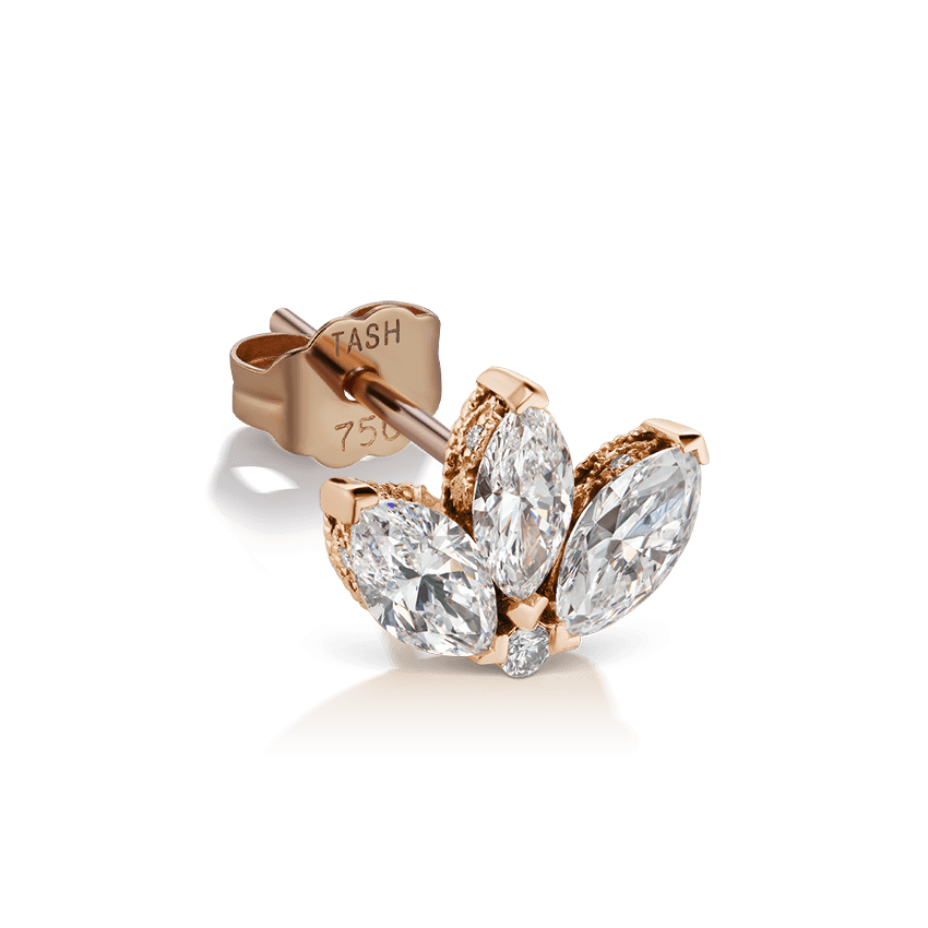 Engraved Diamond Lotus Stud Earring Rose Gold 6mm