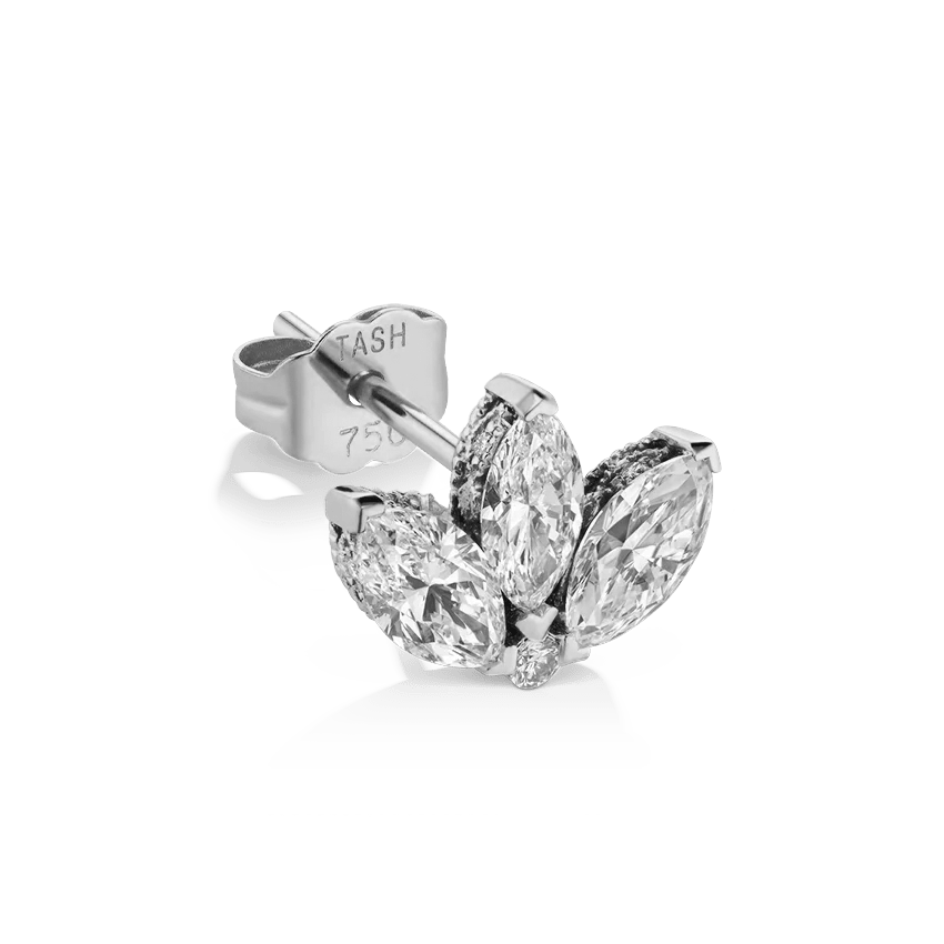 Engraved Diamond Lotus Stud Earring White Gold 6mm