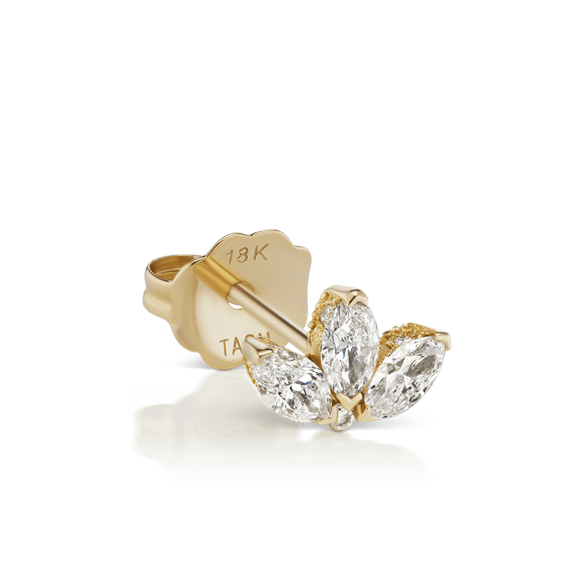 Engraved Diamond Lotus Stud Earring Yellow Gold 4mm