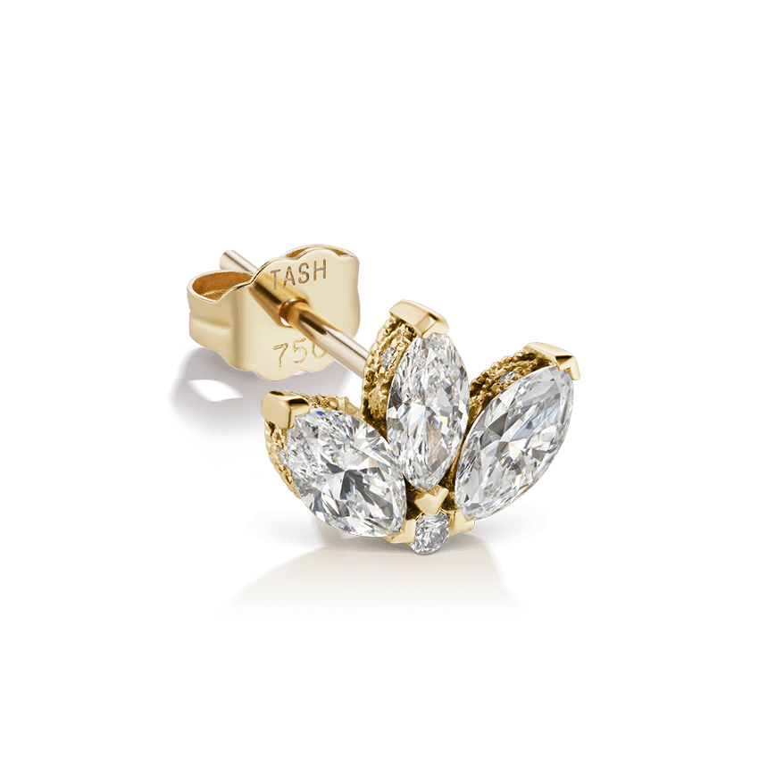 Engraved Diamond Lotus Stud Earring Yellow Gold 6mm