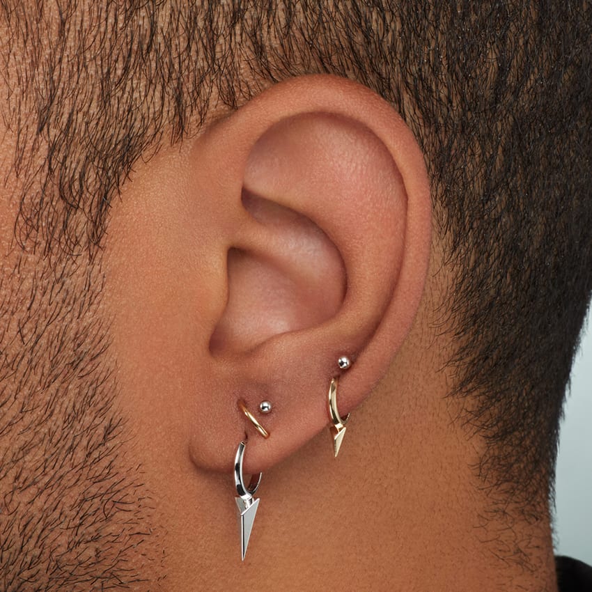 Faceted Single Short Spike Hoop Earring White Gold 6.5mm
