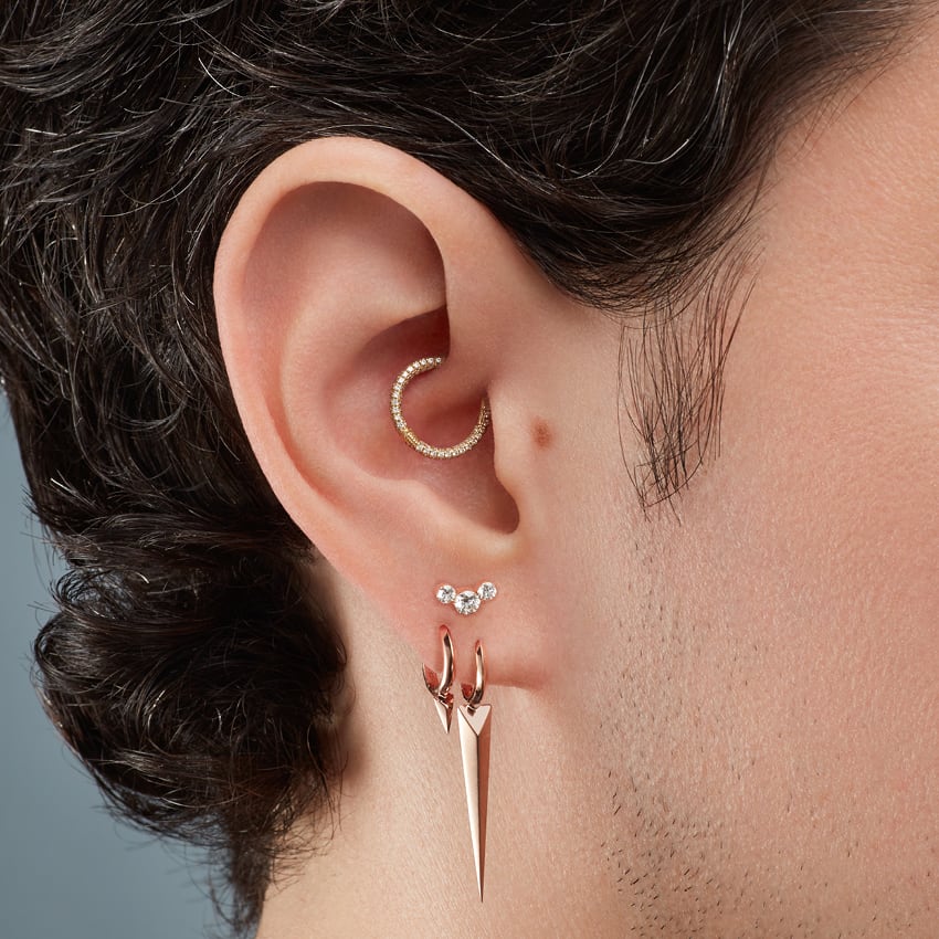 Faceted Single Short Spike Hoop Earring White Gold 6.5mm