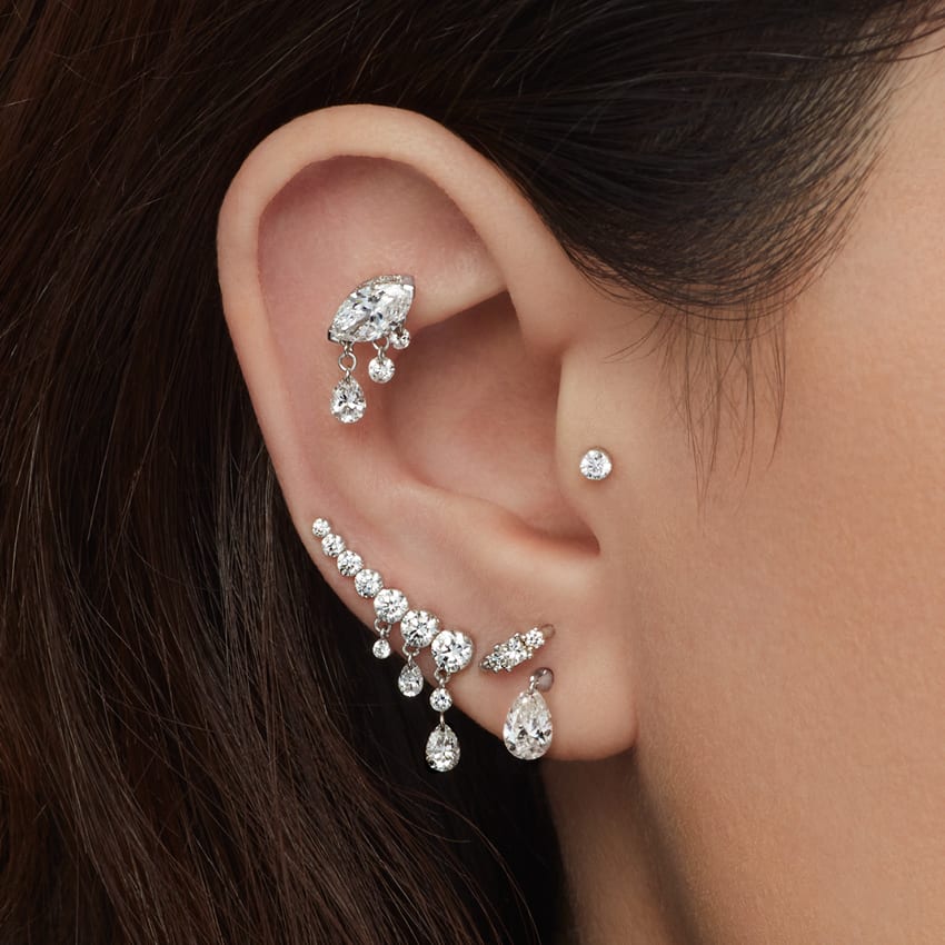 Floating Pear Diamond Charm Threaded Stud Earring Yellow Gold 6mm