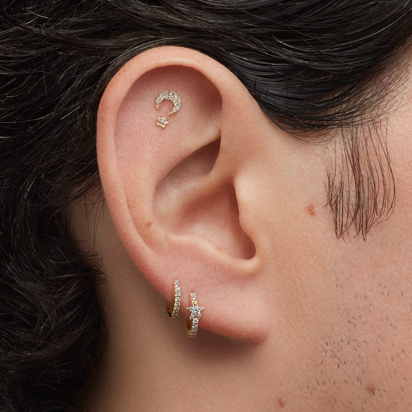 Diamond Star Eternity Hoop Earring Yellow Gold 8mm