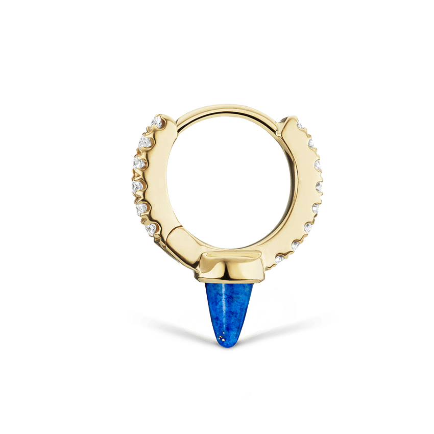 Lapis Single Short Spike Diamond Eternity Hoop Earring Yellow Gold 6.5mm