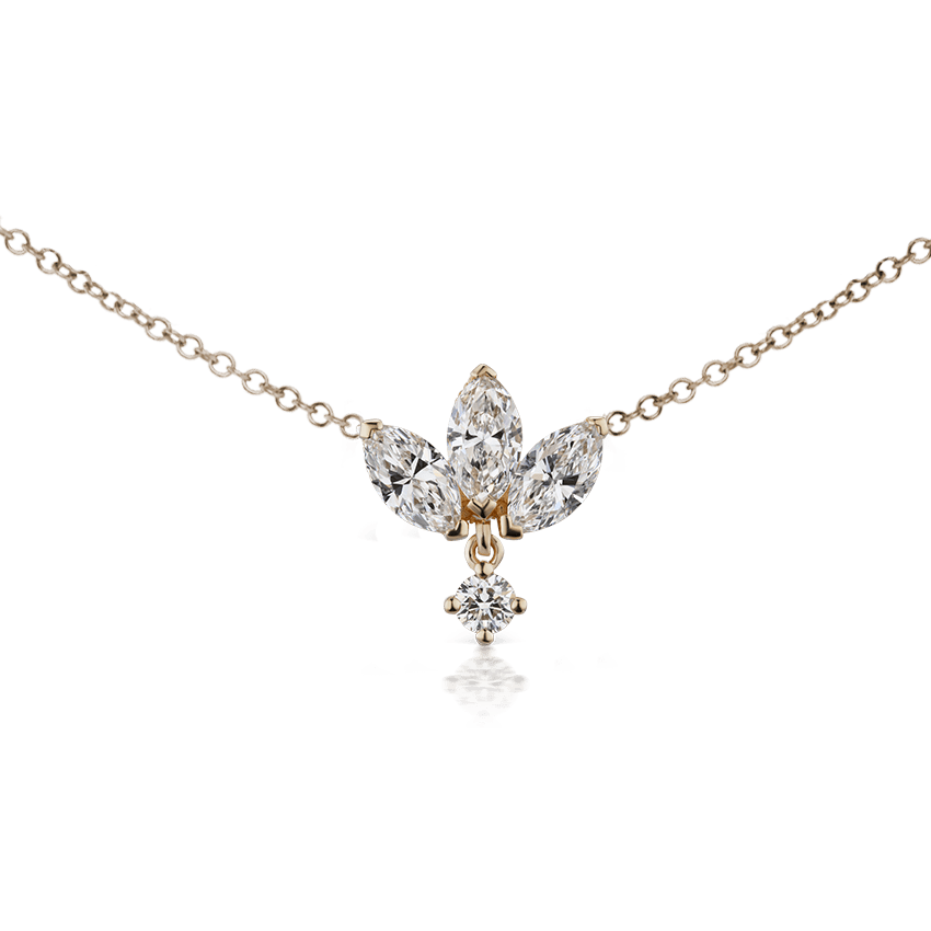 Large Engraved Diamond Lotus with Diamond Dangle Necklace Yellow Gold