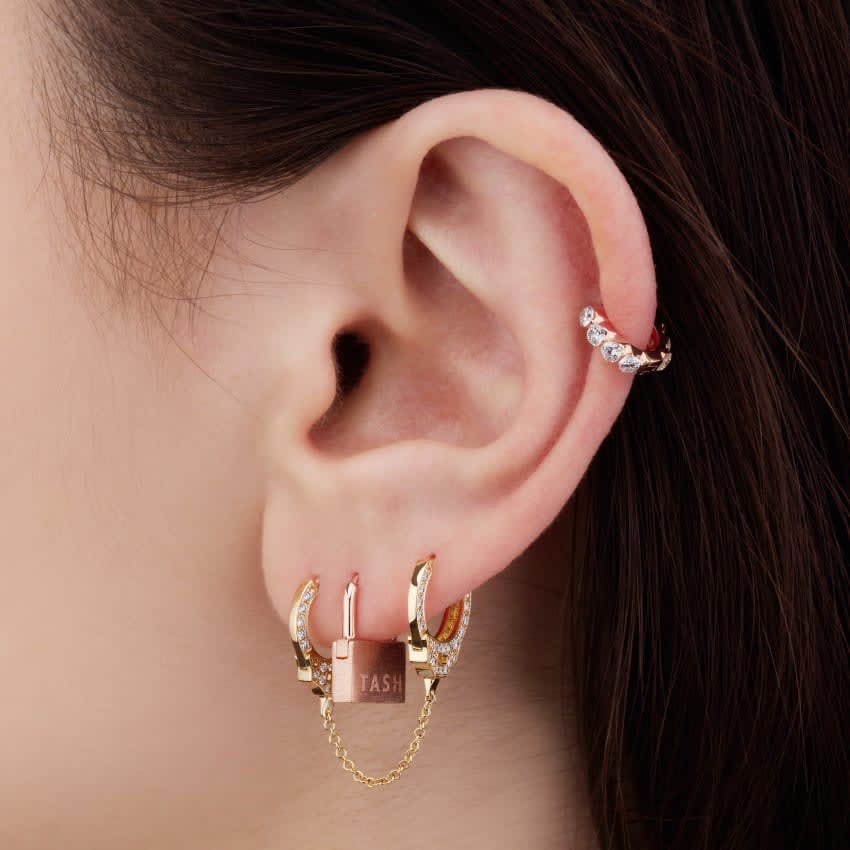 Double sided Diamond Handcuff with Medium Chain Hoop Earring Rose Gold 8mm