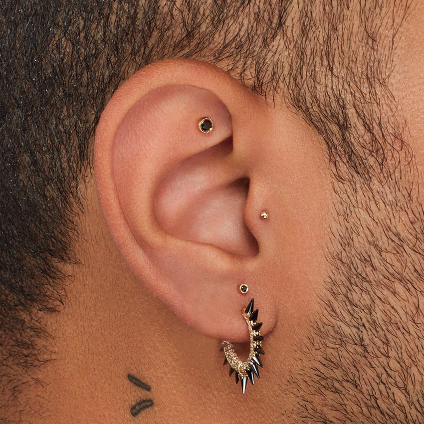 Black Moissanite Mohawk and Diamond Pavé Hoop Earring White Gold 9.5mm