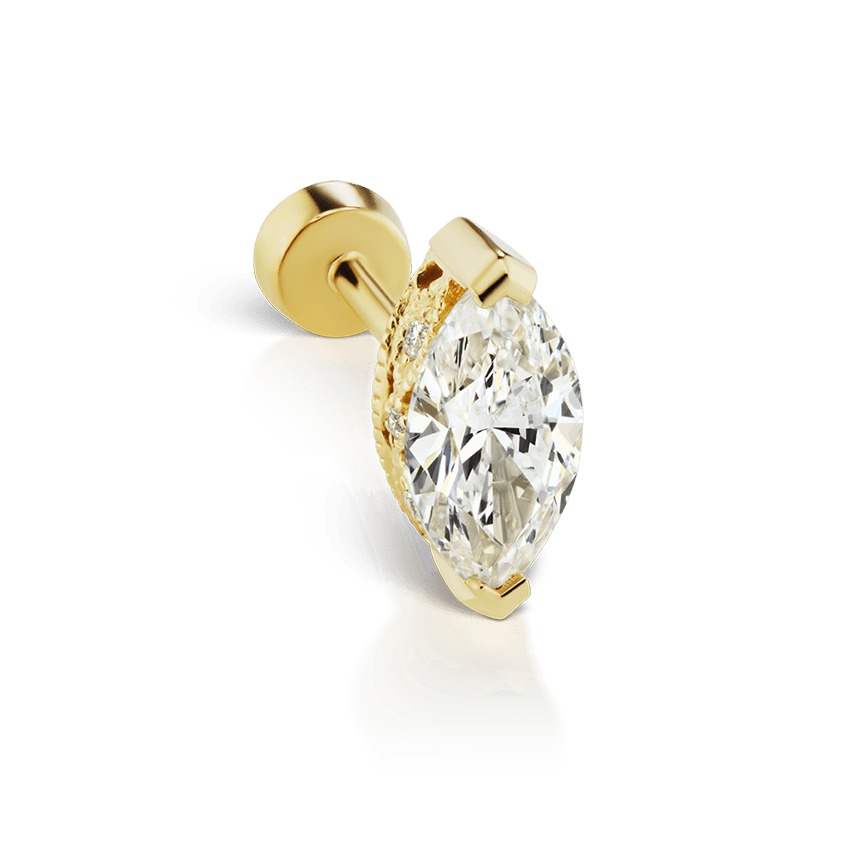 Marquise Diamond Threaded Stud Earring Yellow Gold 6mm