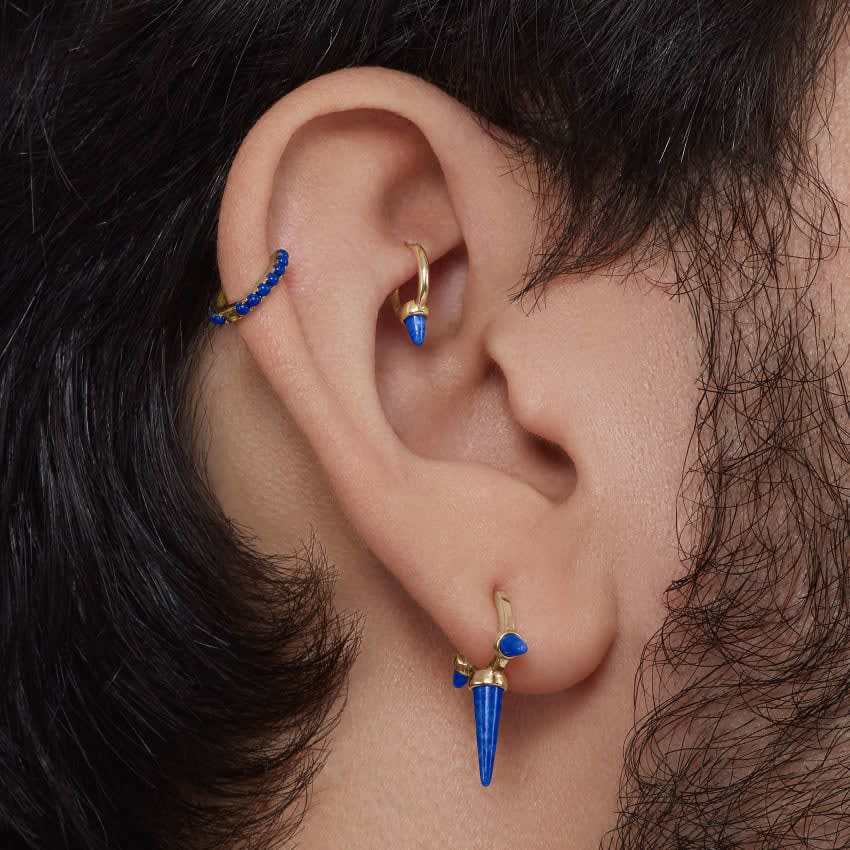 Lapis Single Short Spike Non Rotating Earring (Non Rotating) Yellow Gold 6.5mm