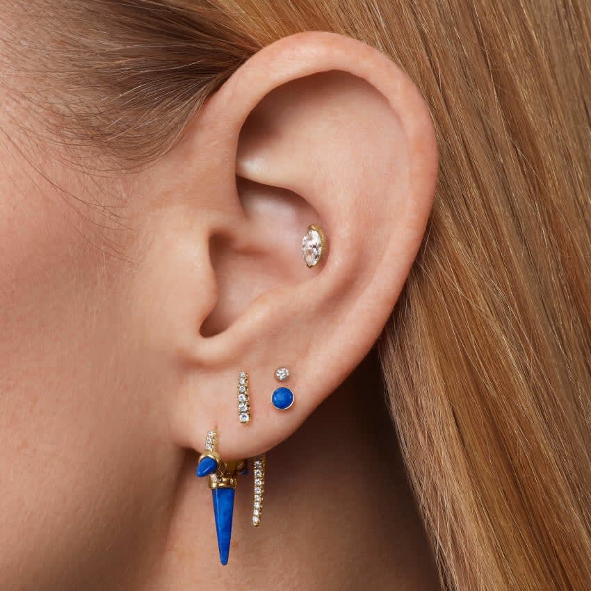 Lapis Triple Long Spike Diamond Eternity Hoop Earring Yellow Gold 6.5mm