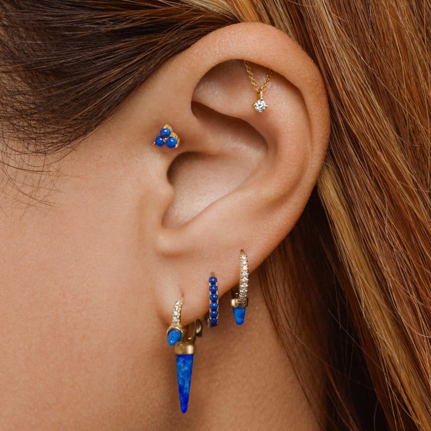 Lapis Single Short Spike Diamond Eternity Hoop Earring White Gold 8mm