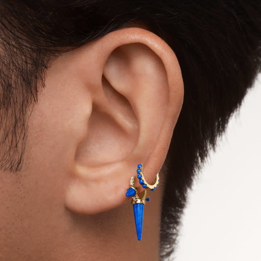 Lapis Triple Long Spike Diamond Eternity Hoop Earring White Gold 6.5mm