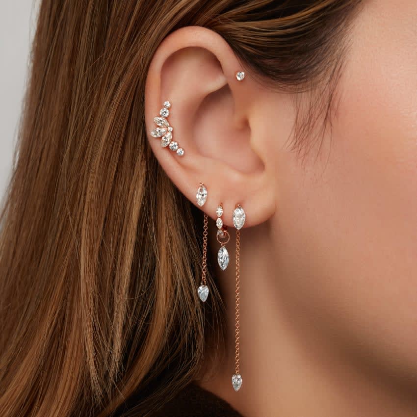 Floating Marquise Diamond Charm Threaded Stud Earring White Gold 6mm