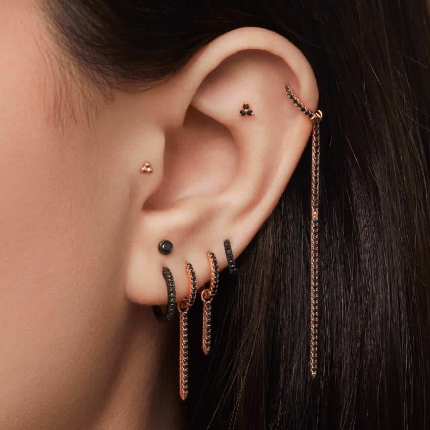 Scalloped Set Black Diamond Threaded Stud Earring Rose Gold 3mm