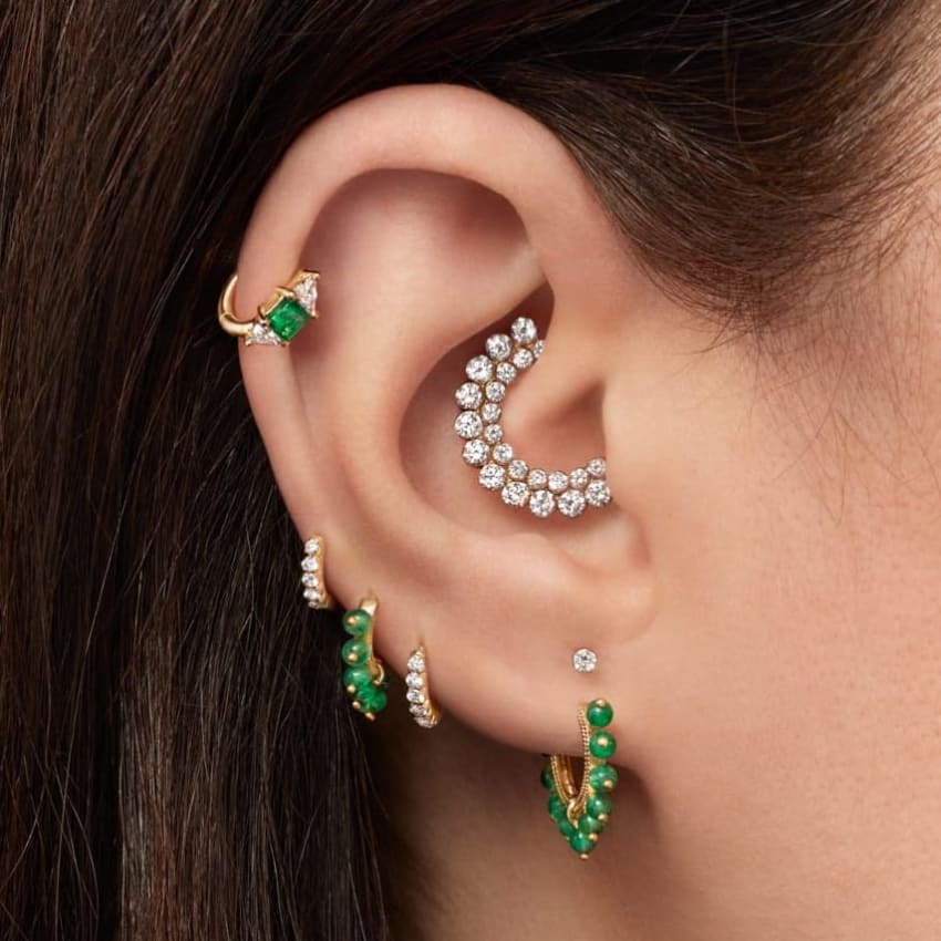 3mm Emerald and Diamond Princess Triangle Hoop (Non Rotating) White Gold 6.5mm