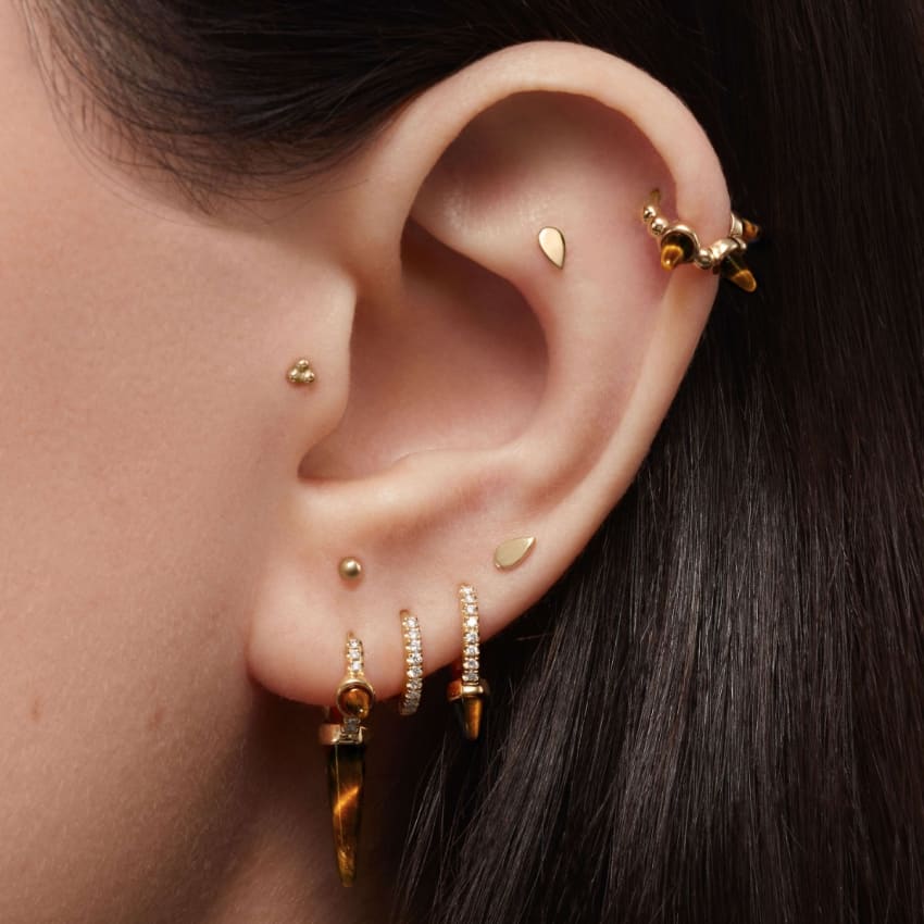 Tiger's Eye Triple Granulated Spike Hoop Earring Yellow Gold 6.5mm
