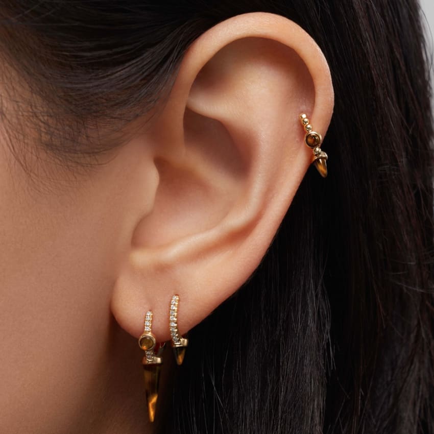 Tiger's Eye Triple Long Spike Diamond Eternity Hoop Earring Yellow Gold 8mm