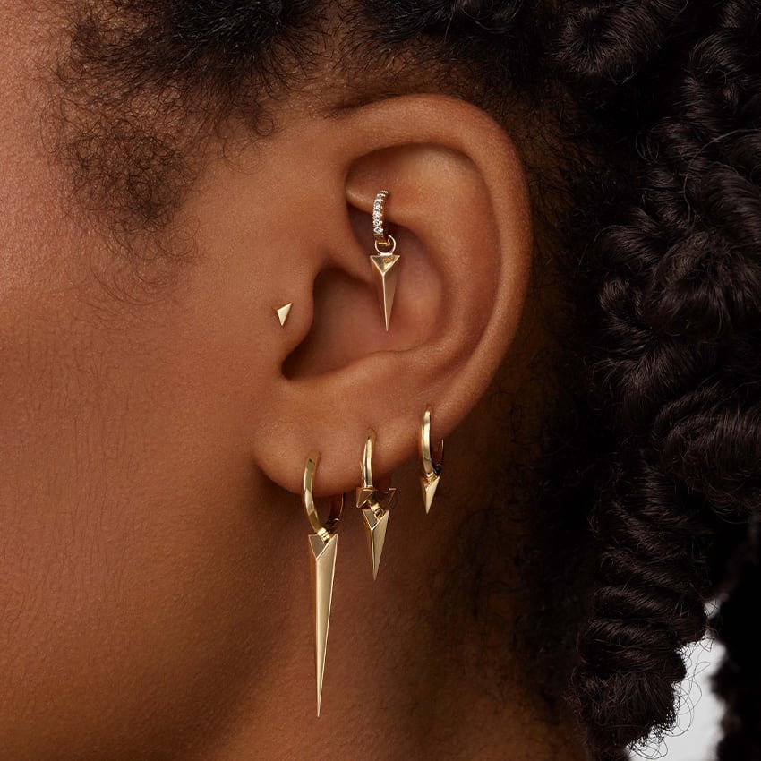 Faceted Single Short Spike Hoop Earring White Gold 8mm