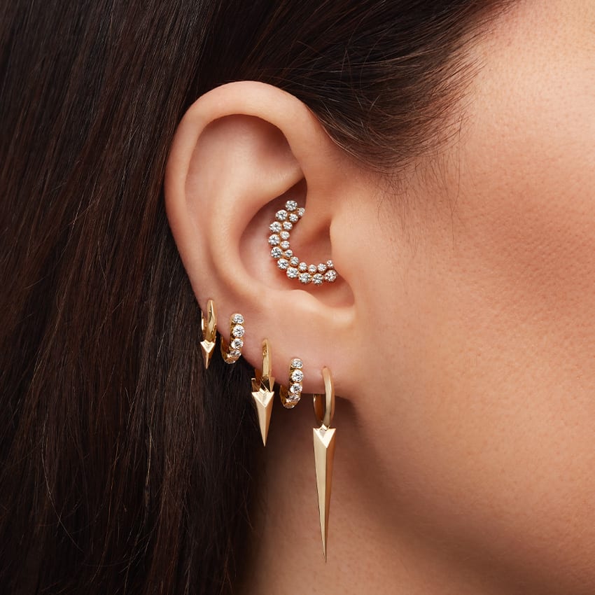 Faceted Triple Long Spike Hoop Earring Yellow Gold 8mm