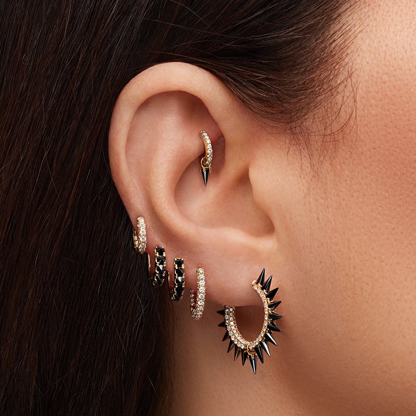 Black Moissanite Mohawk and Diamond Pavé Hoop Earring Yellow Gold 12.5mm