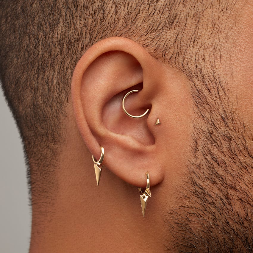 Faceted Triple Long Spike Hoop Earring Yellow Gold 8mm