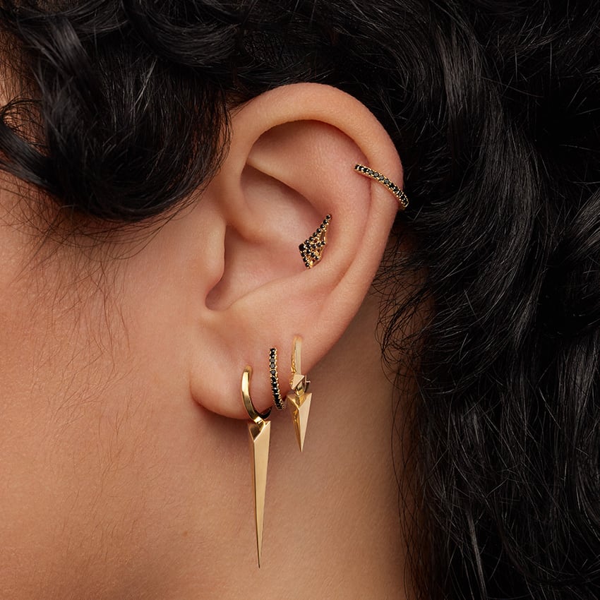 Faceted Triple Long Spike Hoop Earring Yellow Gold 8mm