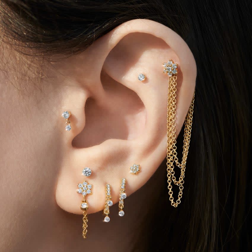 Diamond Flower Chain Wrap Stud Earring with Dangle Rose Gold 4.5mm