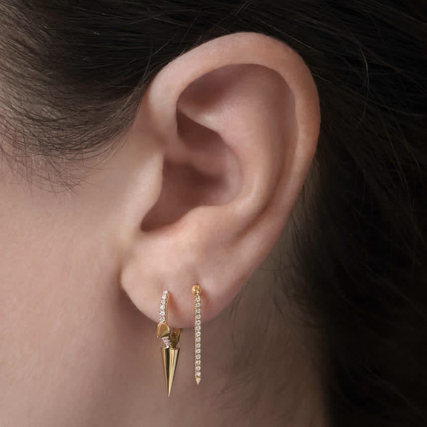 Triple Long Spike Diamond Eternity Hoop Earring Yellow Gold 9.5mm