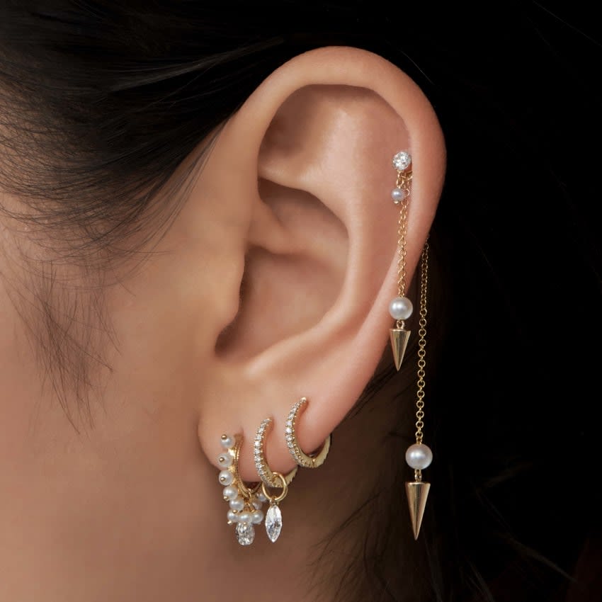 Invisible Set Diamond and Pearl Dangle Threaded Stud Earring White Gold 3mm / 2mm