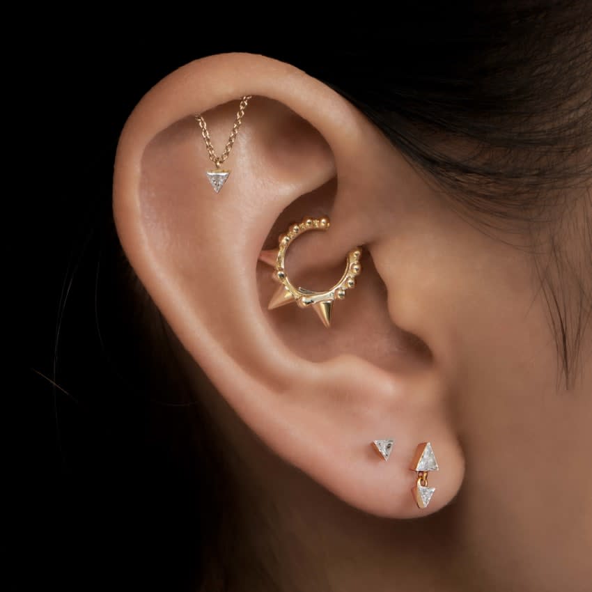 Invisible Set Triangle Diamond Drape Threaded Stud Earring Rose Gold 3mm Horizontal