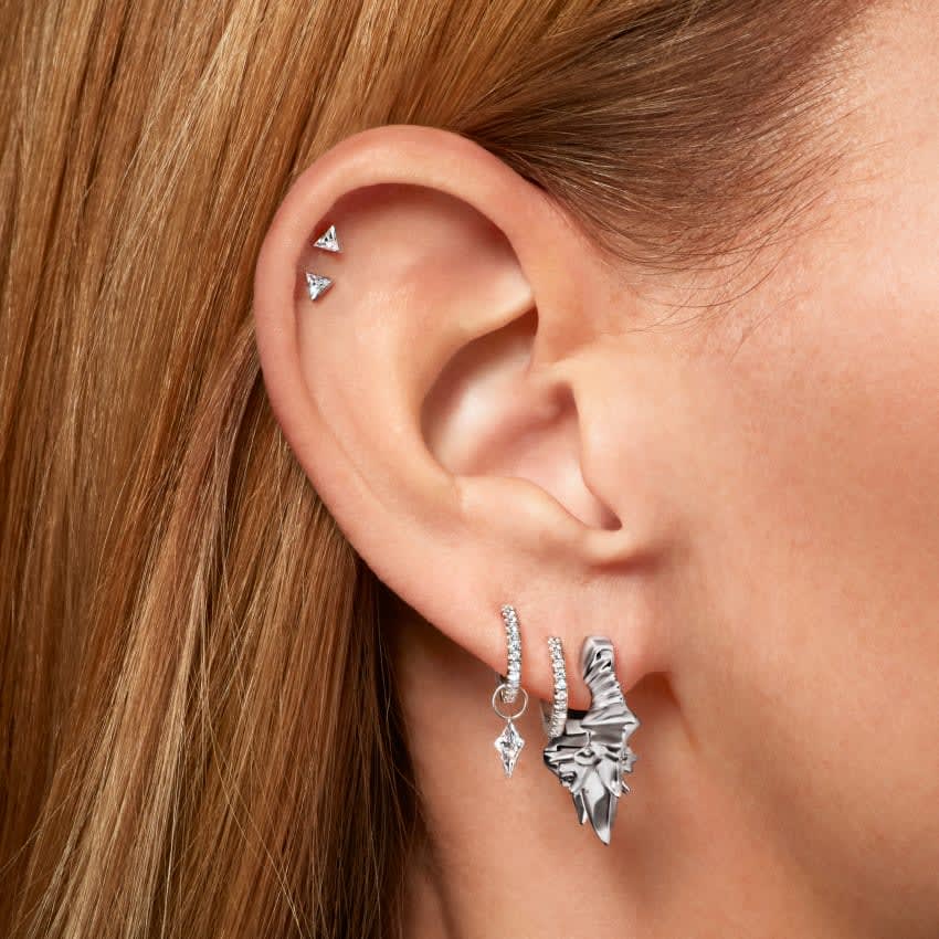 Diamond Double Linked Eternity Hoop Earring and Cuff White Gold 8mm Right